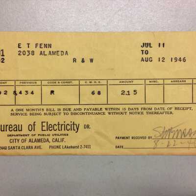 Billing receipt from the Bureau of Electricity for 2038 Alameda Ave., 1946