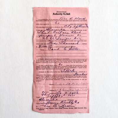 Authority to Sell Form for George H. Irwin for 2066 San Jose Ave., 1948