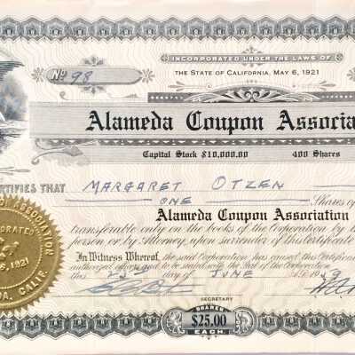 Stock certificate of the Alameda Coupon Association, 1959