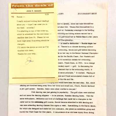 Copy of an article about Bunny Fergus Russ, by Joan P. Shanks, prior 2009