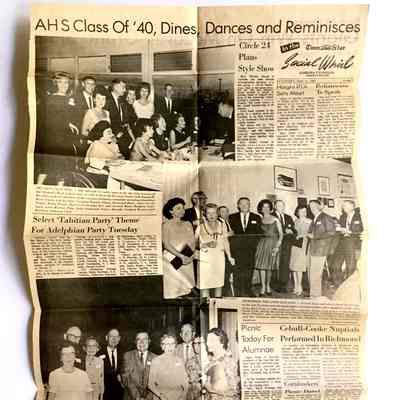 Clipping about reunion of Alameda High School Class of 1940, 1965