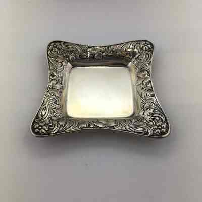 Square pin tray with Art Nouveau Style Flowers and Leaves in relief, late 1890s - early 1900s