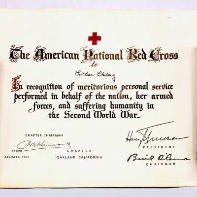 Red Cross Certificate awarded Esther Ekberg, 1946