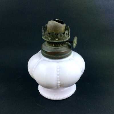 Minitature kerosene lamp with milk glass base, c. 1890s-1900