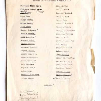Membership List Student Players Guild, Alameda High School, 1930s