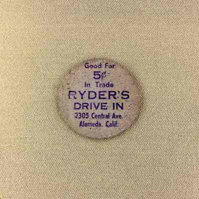 Advertising Wooden Nickel from Ryder's Drive In, before 1970
