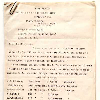 Membership list Native Sons of the Golden West, Halcyon Parlor 146, 1954