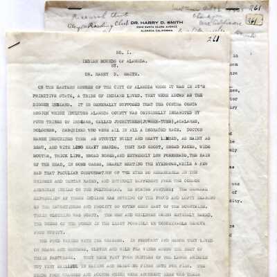 Typed articles 'Indian Mounds of Alameda', by Dr. Harry D. Smith, c. 1960s