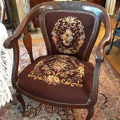 Parlor Chair with needlepoint upholstery and carved crest rail, c. 1900