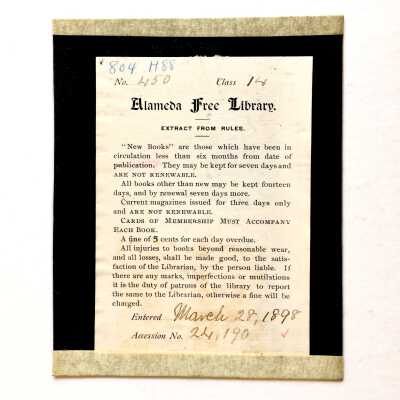 Alameda Free Library book label, 1898