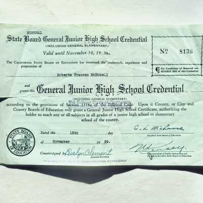 Renewal of State Teaching Credential of Roberta Frances McDonell, 1929