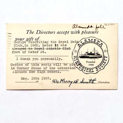 Postal card Acknowledging a gift to the Alameda Historical Society, 1957