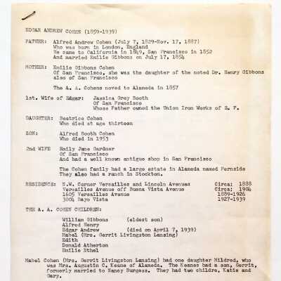 Biographical information of Edgar Andrew Cohen (1859-1939), c. 1999