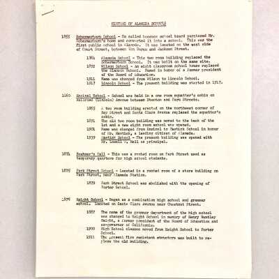 A copy of timeline 'History of Alameda Schools', by Paul A. Liebhart, 1961