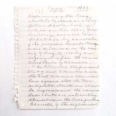 Report 'Copy' about construction of Mastick School, 1933