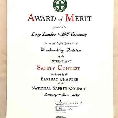 Safety Award of Merit presented to the Loop Lumber and ill Company, 1949