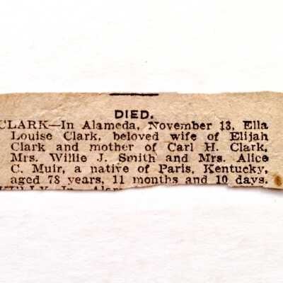 Obituary clipping of Ella louise Clark, 1911