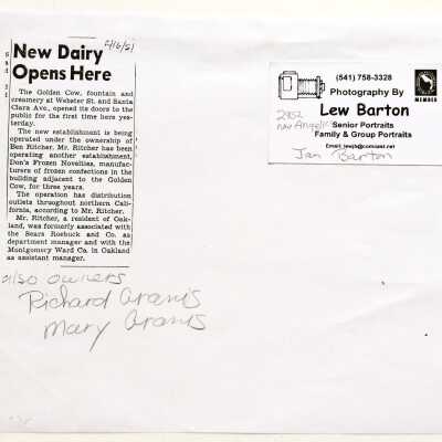 Newspaper clipping about opening of Golden Cow Creamery, 1951