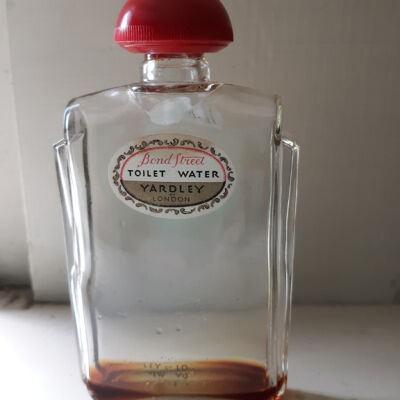 Clear Glass Yardley art-deco perfume bottle in package, c. 1950s