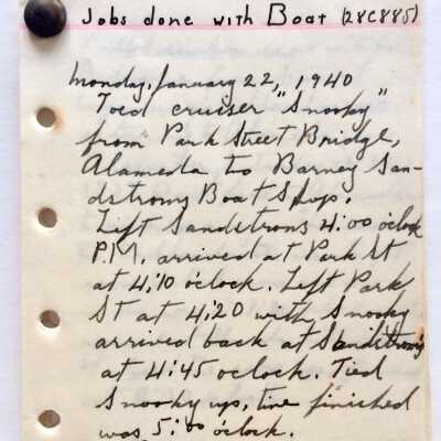 Pages of logbook of hauling done by boat by Doug Burrowes, 1940