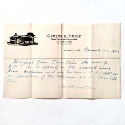 Receipt Geo. H. Noble search and loan expenses 1121 Versailles, 1924