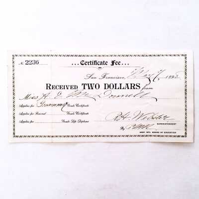 Receipt for payment for a grammar-level Teaching Certificate for Ms. Hattie McDonell, 1898
