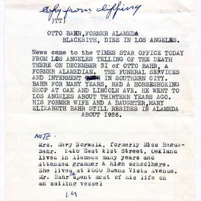 Typed Obituary about Otto Bahr, prior to 1999