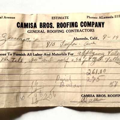 Bid for roofing from Camisa Brothers, 1217 Central, 1936