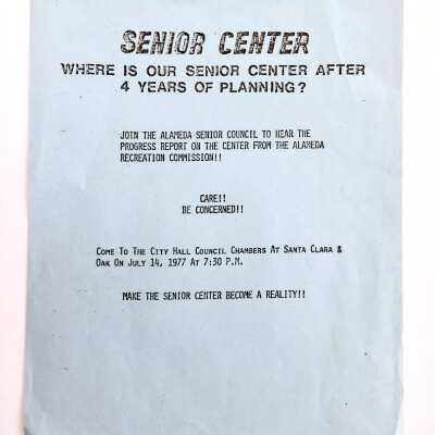 Flyer concerning meeting at City Hall regarding a 'Senior Center', 1977