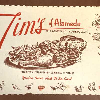 Advertising placemat from Tim's of Alameda, prior 2005