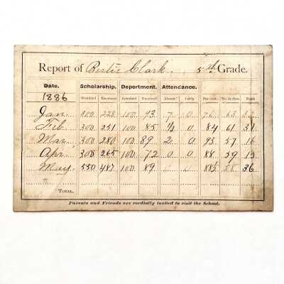 Report Card Herbert D. Clark, 5th Grade, Porter School, 1886
