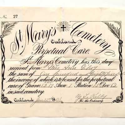 Receipts for perpetual care burial Ann Gilroy at St. Mary's Cemetery, 1903