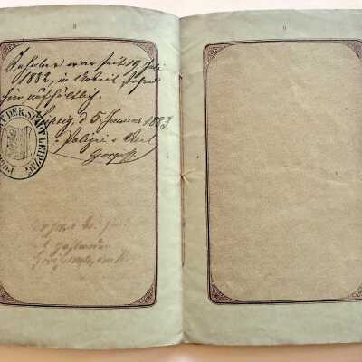 A, stamp and page re visit to Leipzig, 1882.
