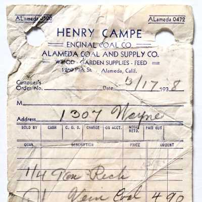 Coal Bill from Encinal Coal Co., 1938