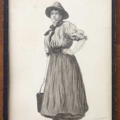 Pen and ink portrait of a woman in work clothes, by Gertrude Snow Brooks, 1899