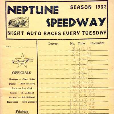 Scorecard for the night auto races, Neptune Beach Speedway, 1937
