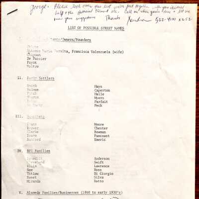 Typed photocopied list of possible street names, prior 2006