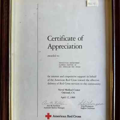 Framed certificate of appreciation awarded to Alameda Red Cross from Naval Medical Center, 1995