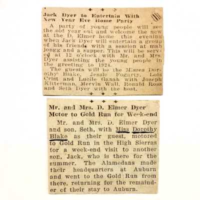 Clippings about courtship Dorothy Blake and Jack Dyer, c. 1920