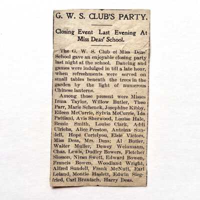 Clipping about a party at Charlotte Deas' private School, c. early 1900s