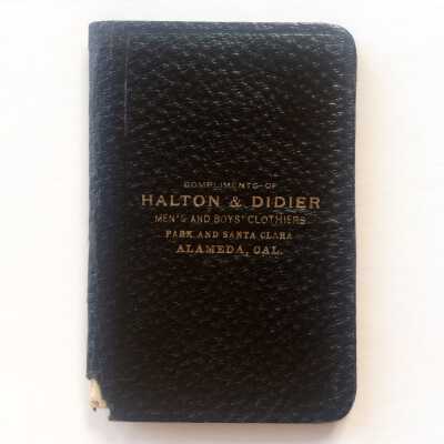 Imitation black leather advertising notebook from Halton and Didier, Clothier