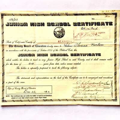 Junior High Teaching Credential Certificate of Helen Norton, 1932