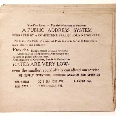 Flyers advertising a public address system offered by William Priest, c. 1930s