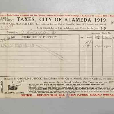 Receipt City Tax payment for 1919 by George Schaeffer, for lands adjacent Encinal