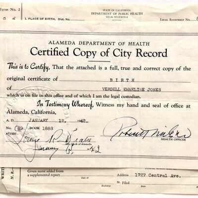 Copy Birth Certificate of Verdell Emmeline Jones, 1942