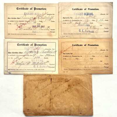 Haight School Certificates of promotion issued to Leonora Crutchett, 1907-1911