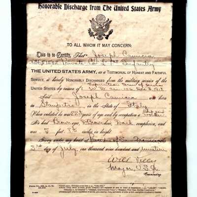 Honorable WW-I Service Discharge papers of Joseph Camicia, 1918