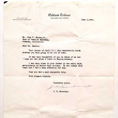 Letter on Oakland Tribune stationery about John F. Hanson, 1960
