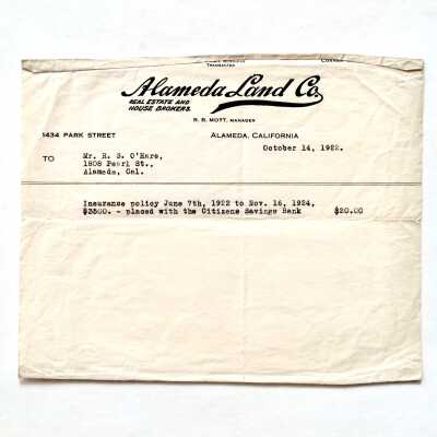 Receipt payment bill Alameda Land Co. for 1808 Pearl Street, 1922