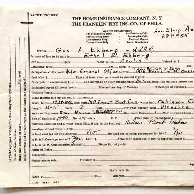 Receipt for insurance on the Yacht Aeolus, of the Ekberg family, 1940s